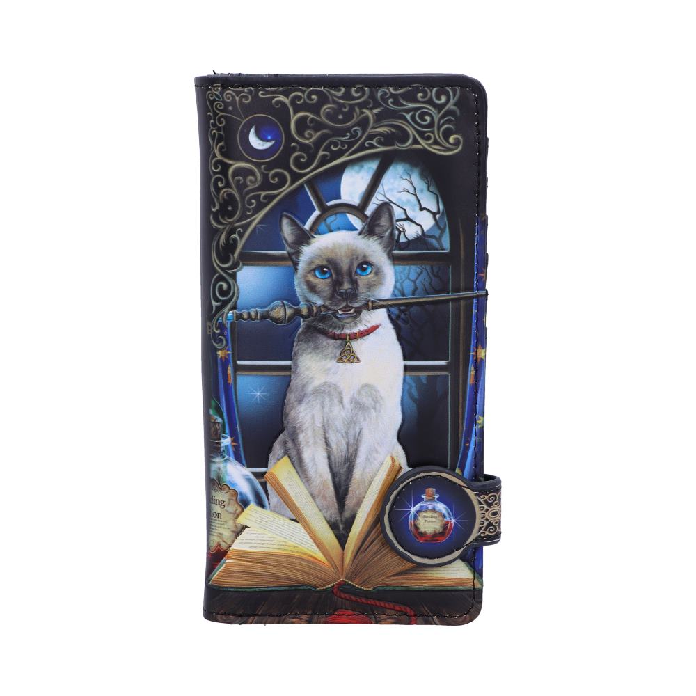 A closed wallet displays a Siamese cat holding a wand in its mouth, seated on an open book in front of a window with a moonlit night view. On the bottom left is text that reads, "ling on."