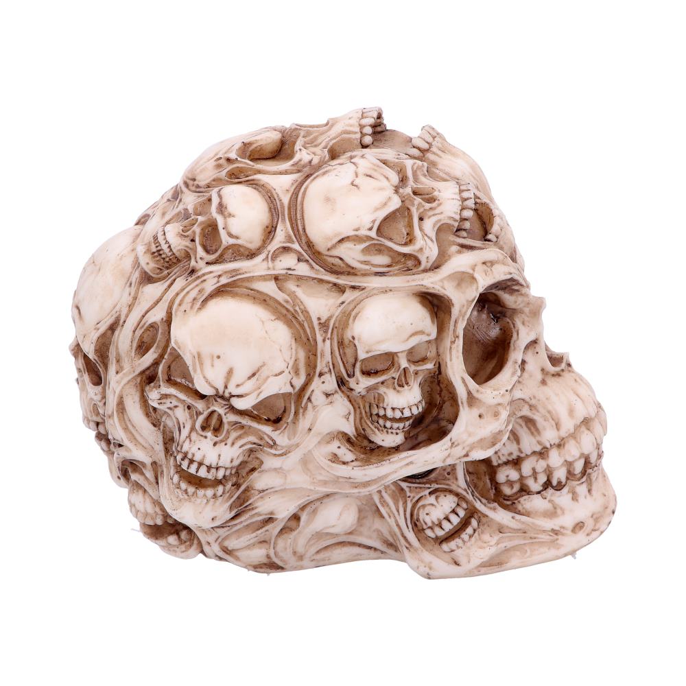 A detailed resin sculpture of a skull, covered with smaller skulls, resting on a plain white background. The intricate design features multiple layers, emphasizing a macabre theme.