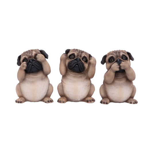 Three Wise Pugs Figurines – hand-painted resin pug trio in see no evil, hear no evil, speak no evil poses