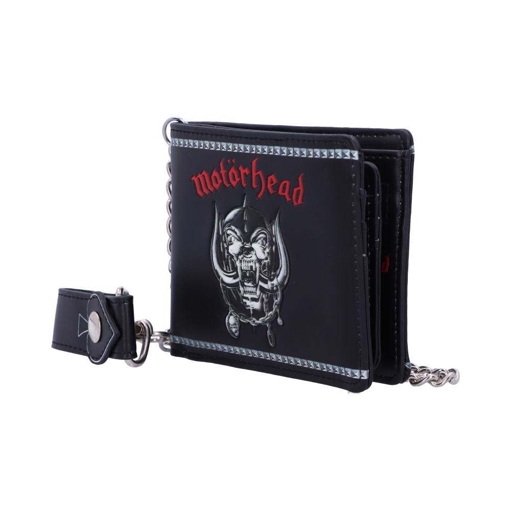 A black wallet features the "Motörhead" logo in red with a menacing metallic emblem beneath. It has a chain attached, providing a bold, rock-themed design against a white background.