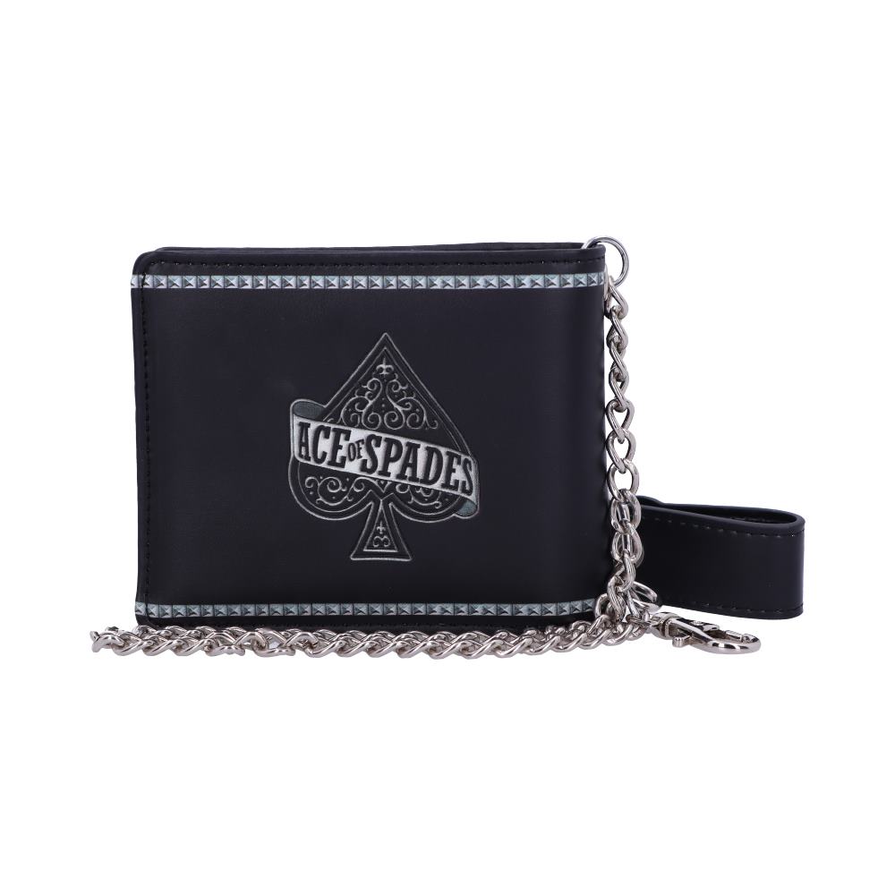 Wallet displaying a decorative "Ace of Spades" design, attached to a silver chain. The item rests against a plain white background.