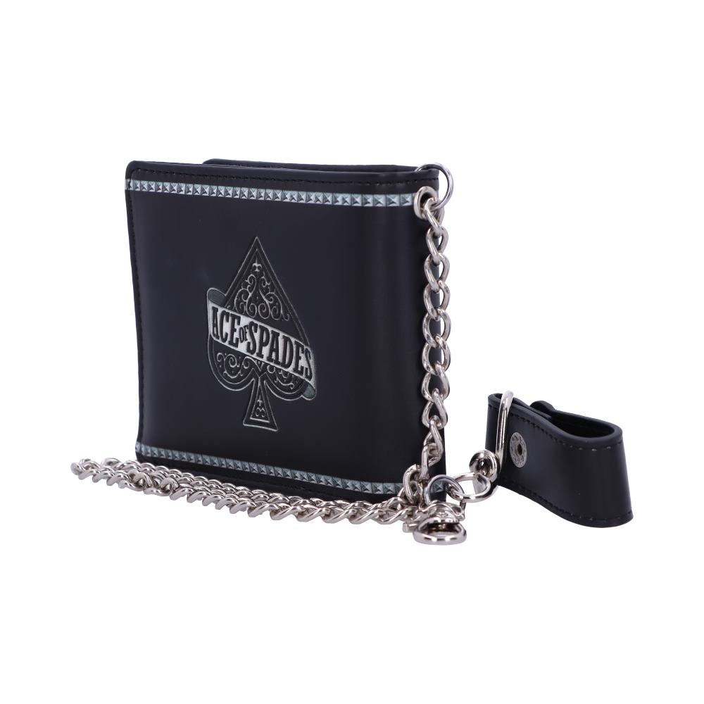 A black wallet with an "Ace of Spades" emblem is attached to a silver chain, resting on a white surface. The chain connects to a metal clasp with a loop.