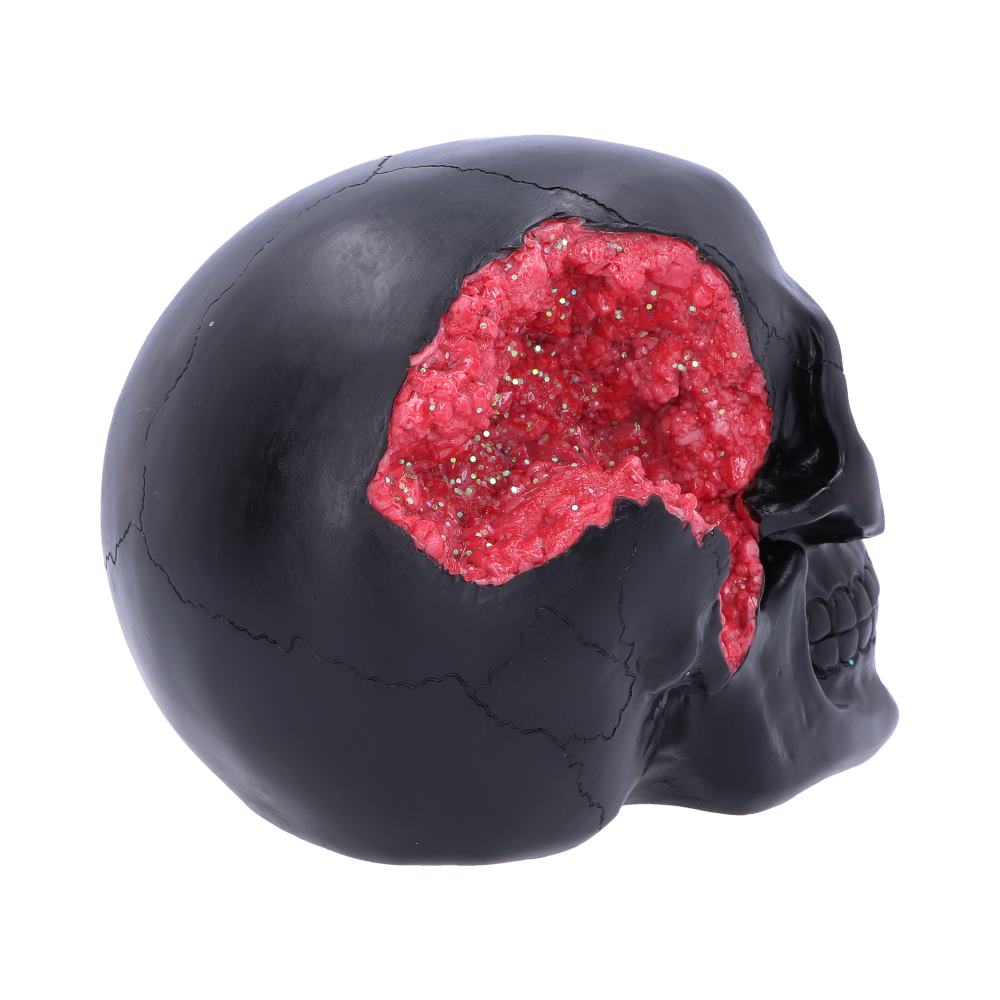 A black skull with a prominent side cavity filled with glittery red crystals, resembling a geode, is positioned against a plain white background.