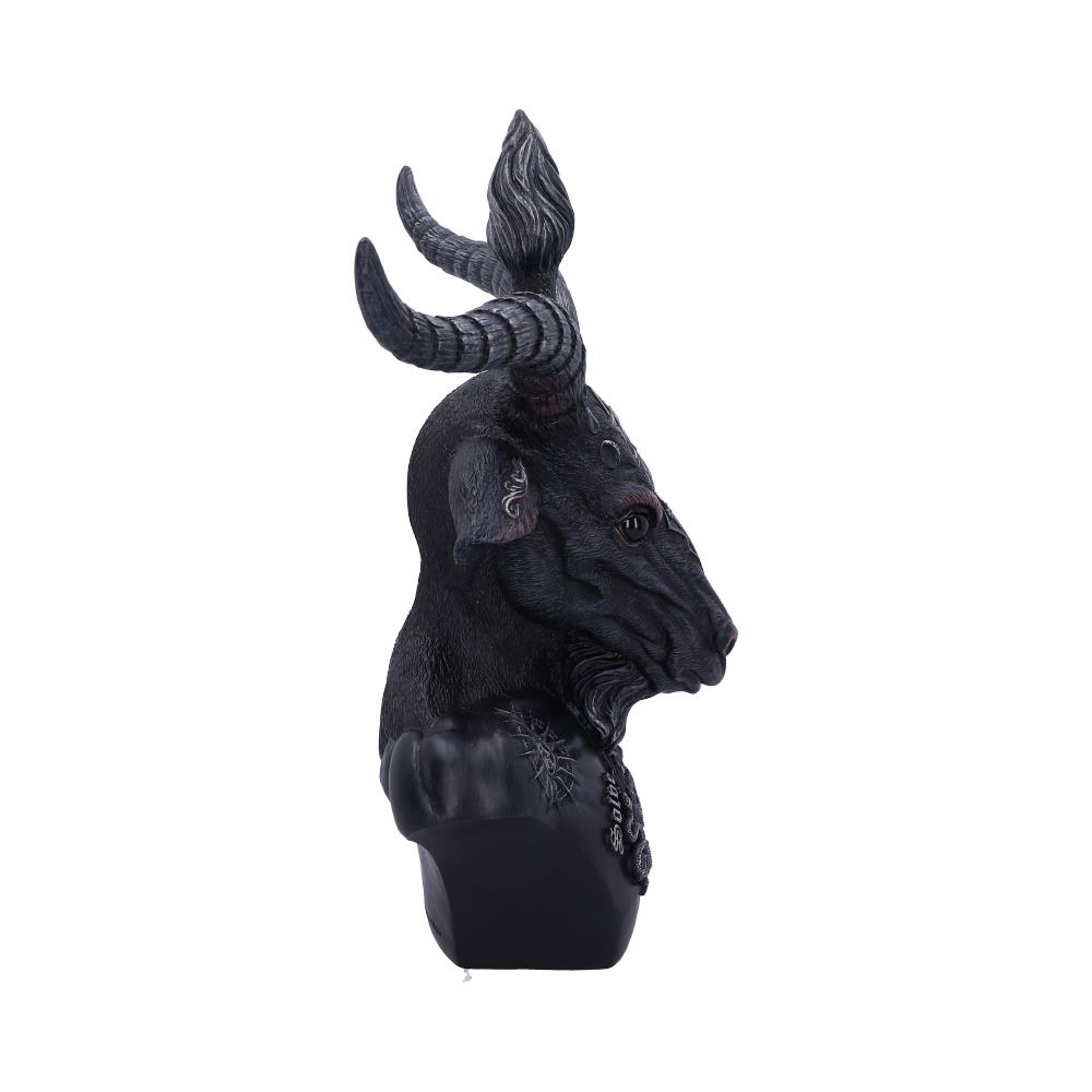 A black goat head bust faces right with curled horns and a tall tuft of hair. It is set against a white background.