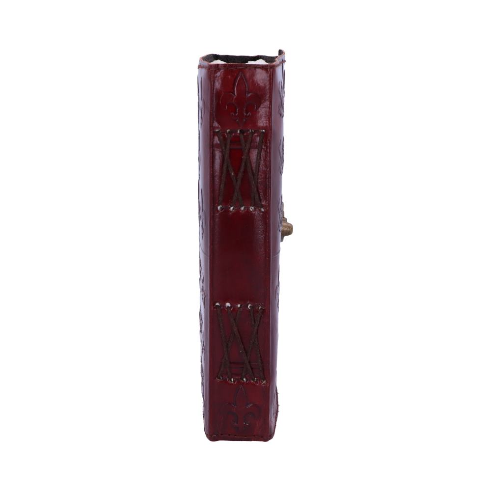 A red book spine, featuring embossed decorative designs with Roman numerals "XX" and a fleur-de-lis pattern, stands vertically against a plain white background.