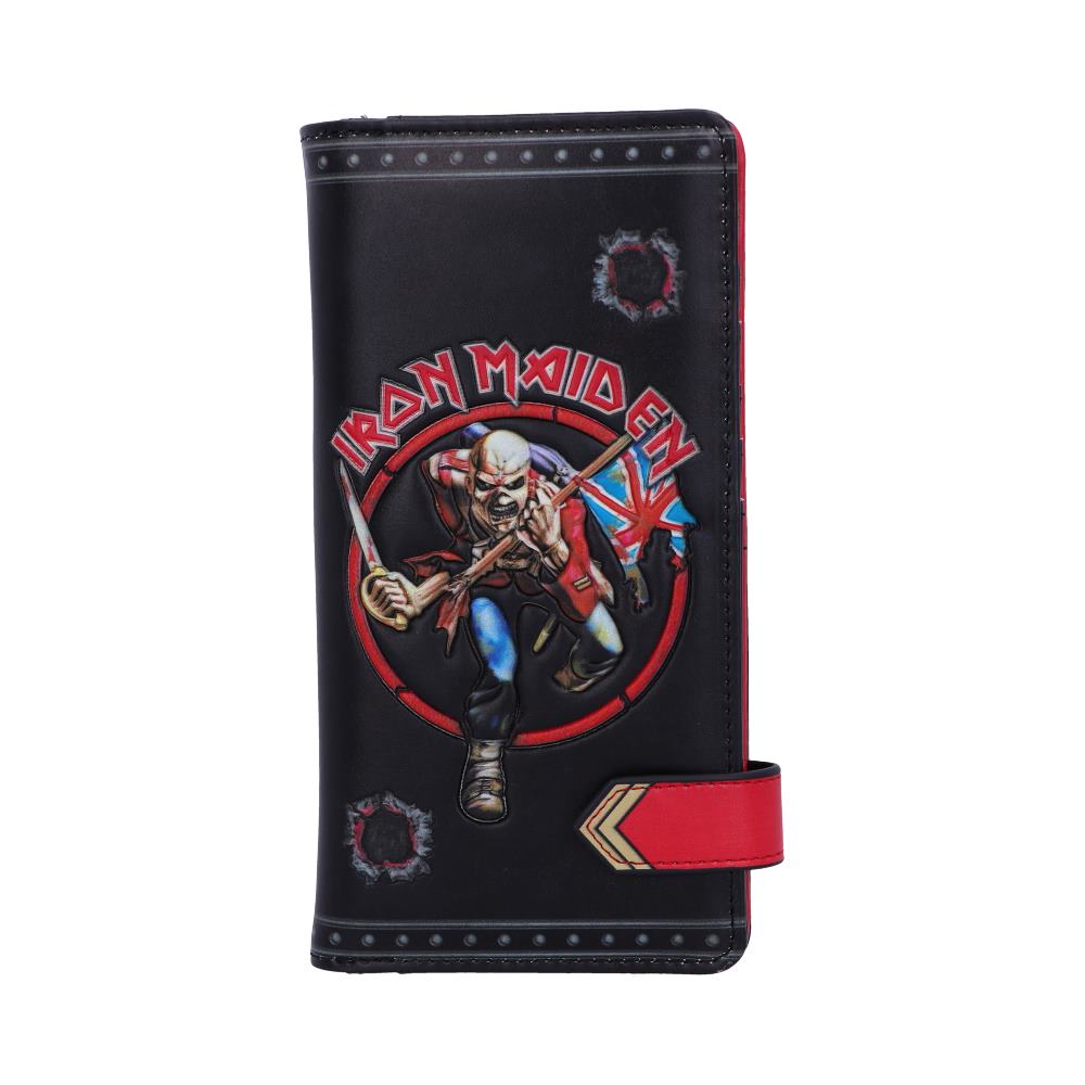 A black wallet features a design of a skeletal figure wielding a Union Jack flag. "IRON MAIDEN" is emblazoned above. Red and metallic accents enhance the design.