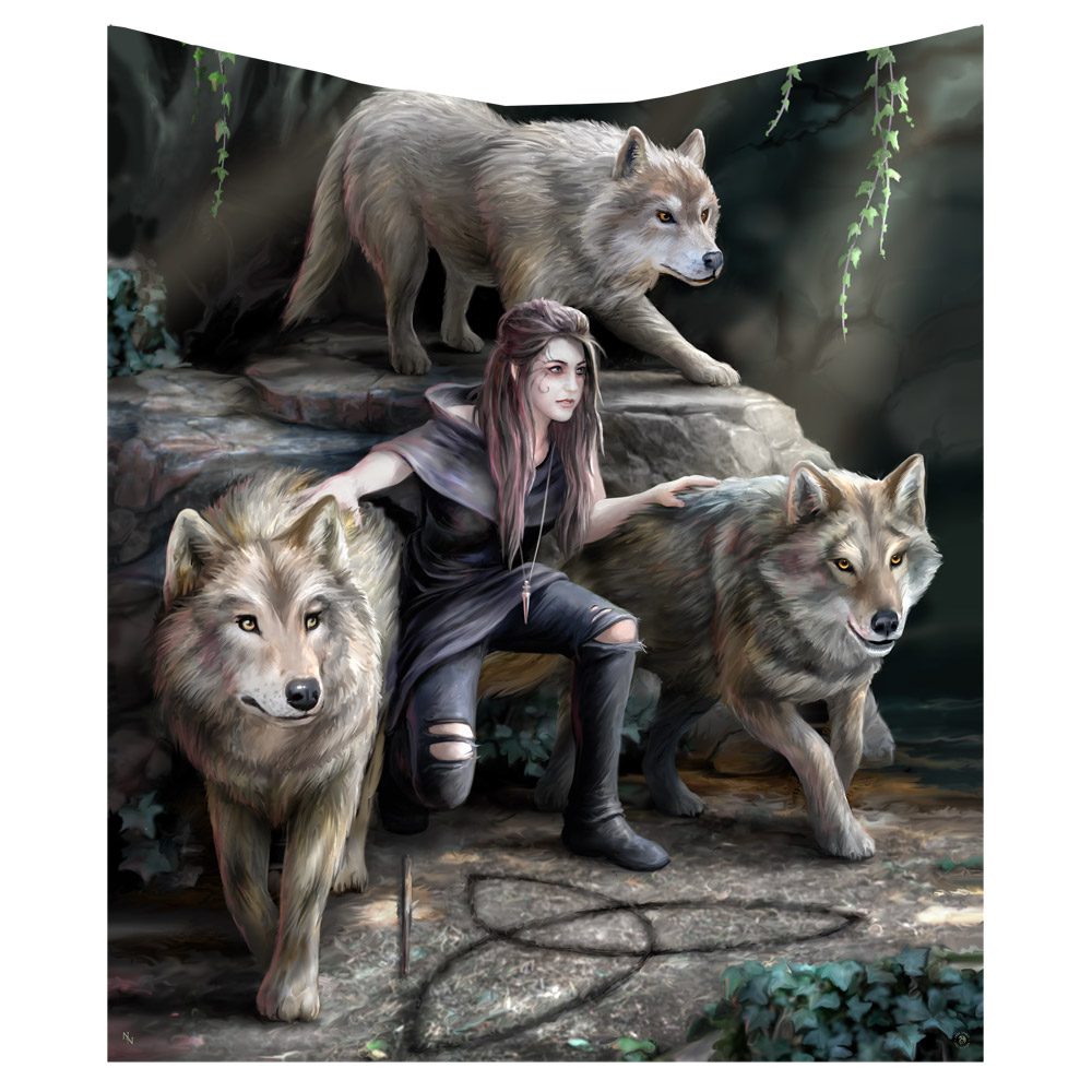 A woman in dark clothing crouches among three wolves atop rocky terrain, surrounded by a forest with trailing vines, creating an atmosphere of mystical solidarity.