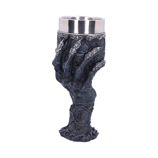 A goblet is gripped by a black, stylized hand, with ornate silver claws. The base reads "RIP" and the backdrop is plain white.
