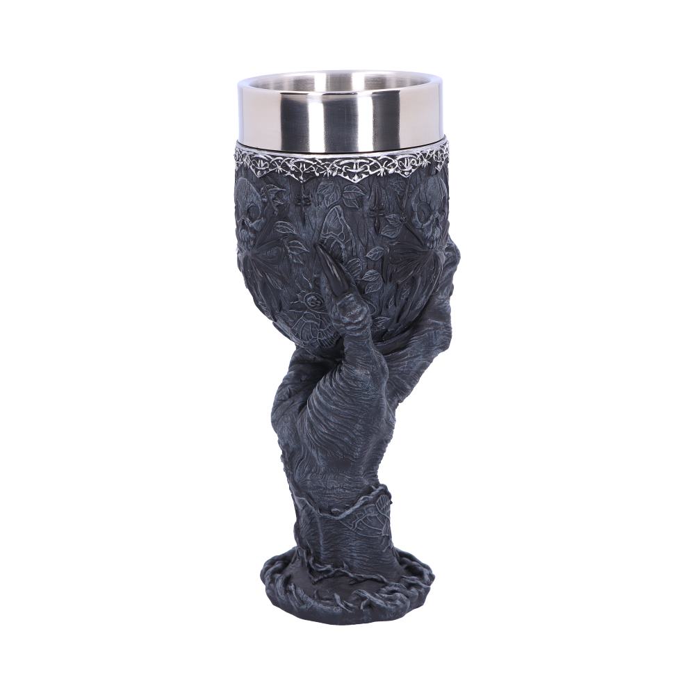 A decorative goblet is held by a monstrous, grey hand, appearing like a tree trunk. The goblet's upper portion is stainless steel, set against a white background.