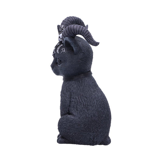 A dark gray, goat-like figurine with curled horns sits upright, adorned with intricate skull decorations and symbols. It appears stoic against a plain white background.