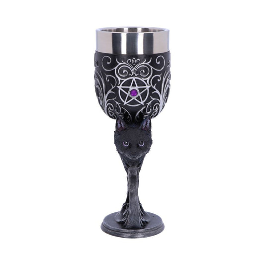A metal goblet, with a silver-toned liner and a black exterior featuring silver swirls and a purple pentacle, is supported by a sculpted black cat figure on a gray base.
