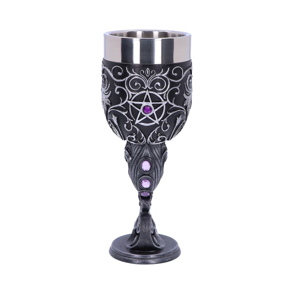 A gothic goblet sits upright. The body is black with silver swirls and a purple pentagram, the stem features three purple jewels, and the base is a small, detailed animal.