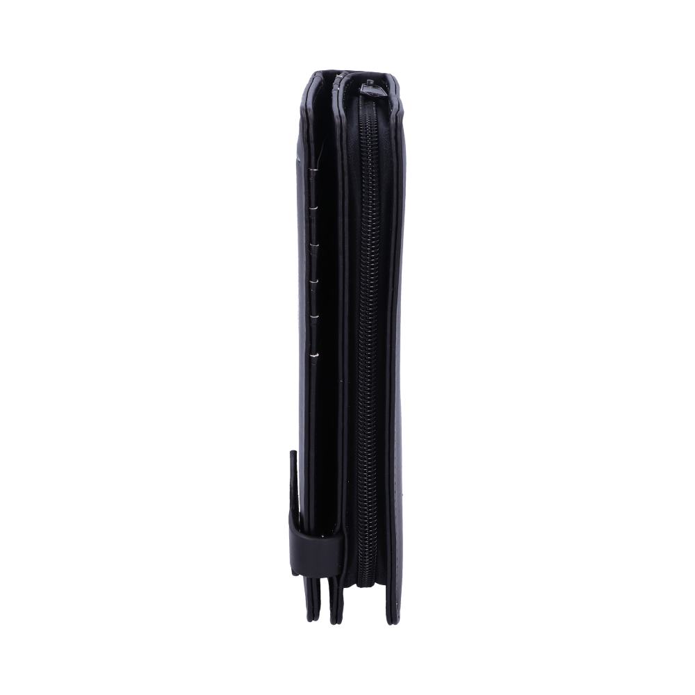 Black leather wallet, standing upright, showing its thin profile with a visible zipper and seam stitching, against a plain white background.