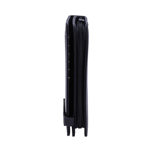 Black leather wallet, standing upright, showing its thin profile with a visible zipper and seam stitching, against a plain white background.