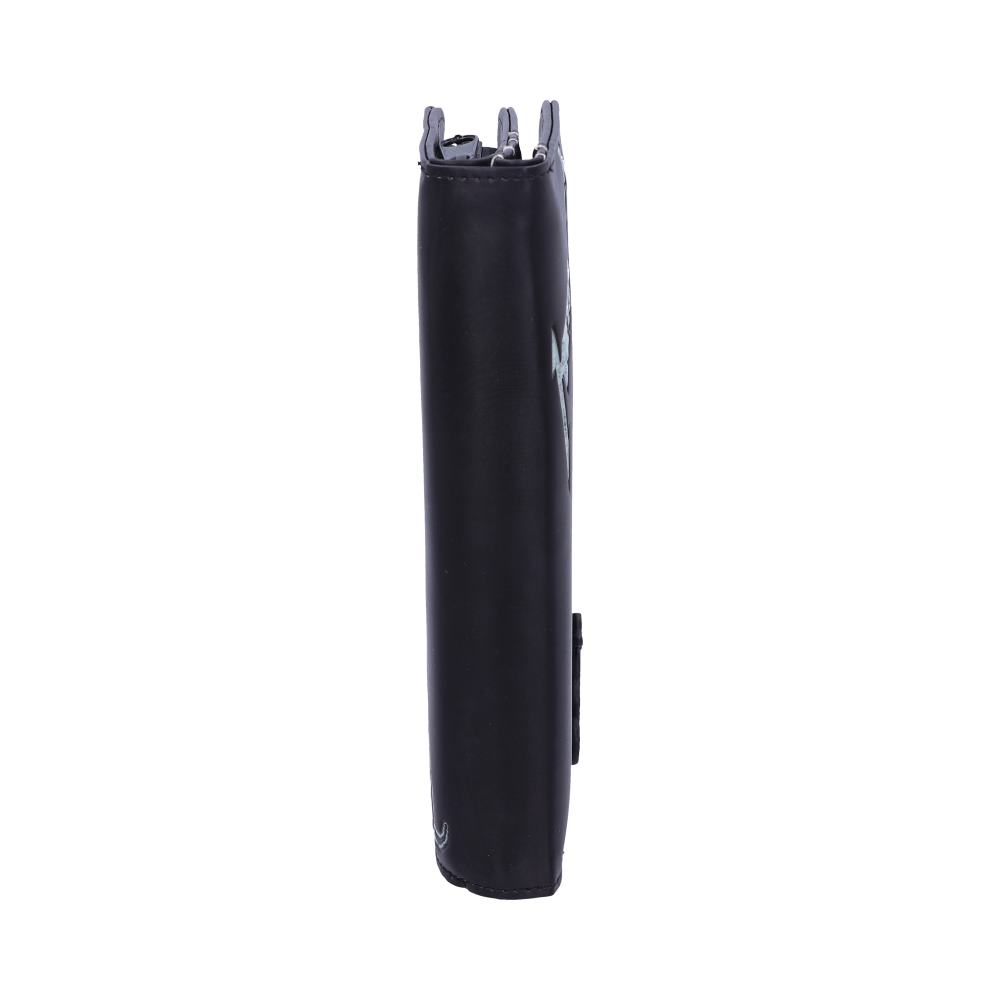 A black, rectangular leather wallet stands vertically on a white background, showing its thickness and stitching details on the sides.