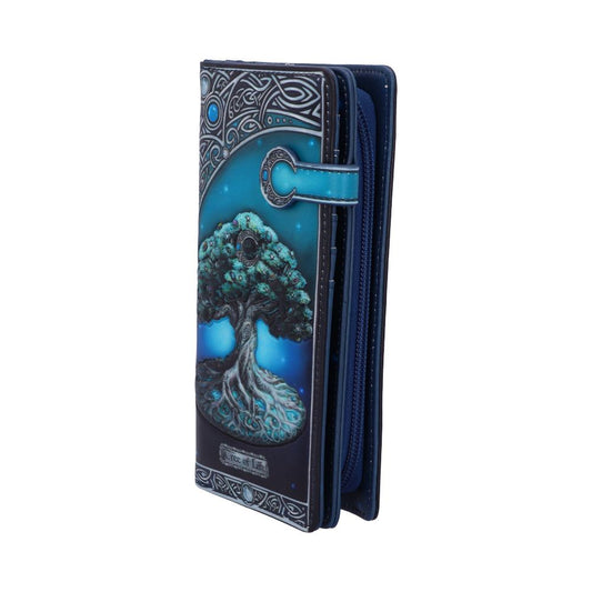 A dark blue purse, featuring a tree of life design, stands on a white background. The text on the purse reads "Tree of Life".