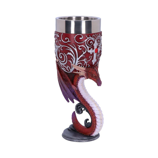 A decorative goblet, stainless steel within and red/silver/purple without, is supported by a coiled red dragon atop a gray base, against a solid white background.