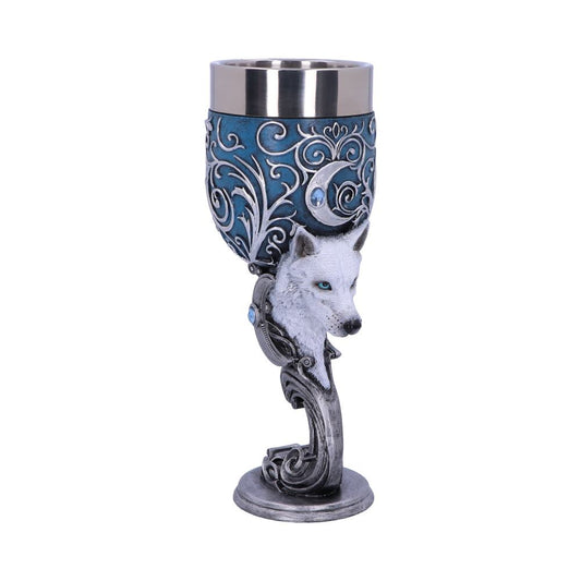 A goblet features a silver rim, ornate blue design, and a white wolf head facing left. The silver stem and base complete the fantasy-themed cup, set against a white background.