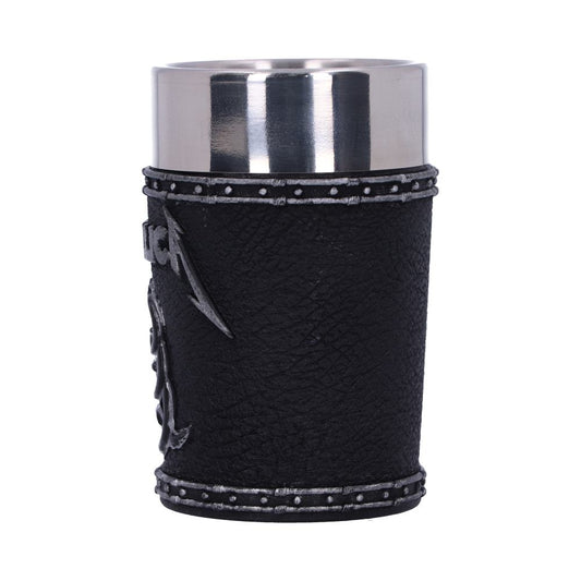 A stainless steel cup wrapped in black textured material features raised, metal-studded bands and a stylized arrow symbol partially visible on a plain, white background.