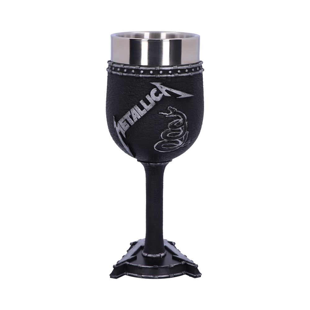 A black goblet with metallic rim and base features the text "METALLICA" and a serpent design. The goblet is designed with a studded texture, giving it a rock-inspired aesthetic.