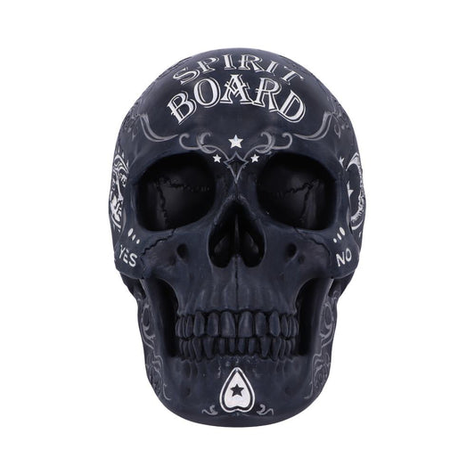 A dark skull displays various symbols and white text reading "SPIRIT BOARD," "YES," and "NO," suggesting a mystical theme, surrounded by ornate patterns in a simple, white backdrop.