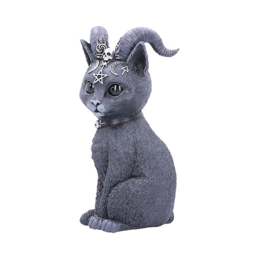 A gray cat figurine with goat-like horns sits upright, adorned with mystical symbols like pentagrams and crescent moons on its forehead, wearing a collar with a star charm.