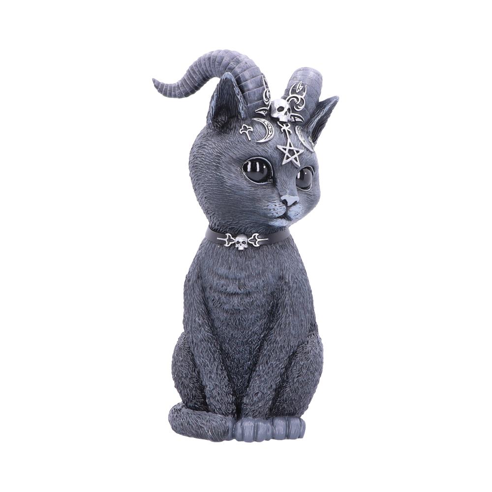 A gray cat statue with ram horns sits adorned with moon and pentacle symbols on its forehead and a skull necklace, set against a plain white background.