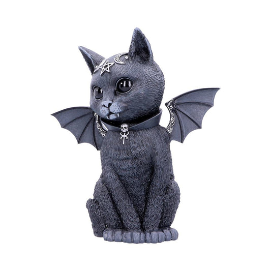A black cat figurine with bat wings sits, adorned with a pentacle and crescent moon on its forehead, and a collar with an ankh symbol, set against a plain white background.