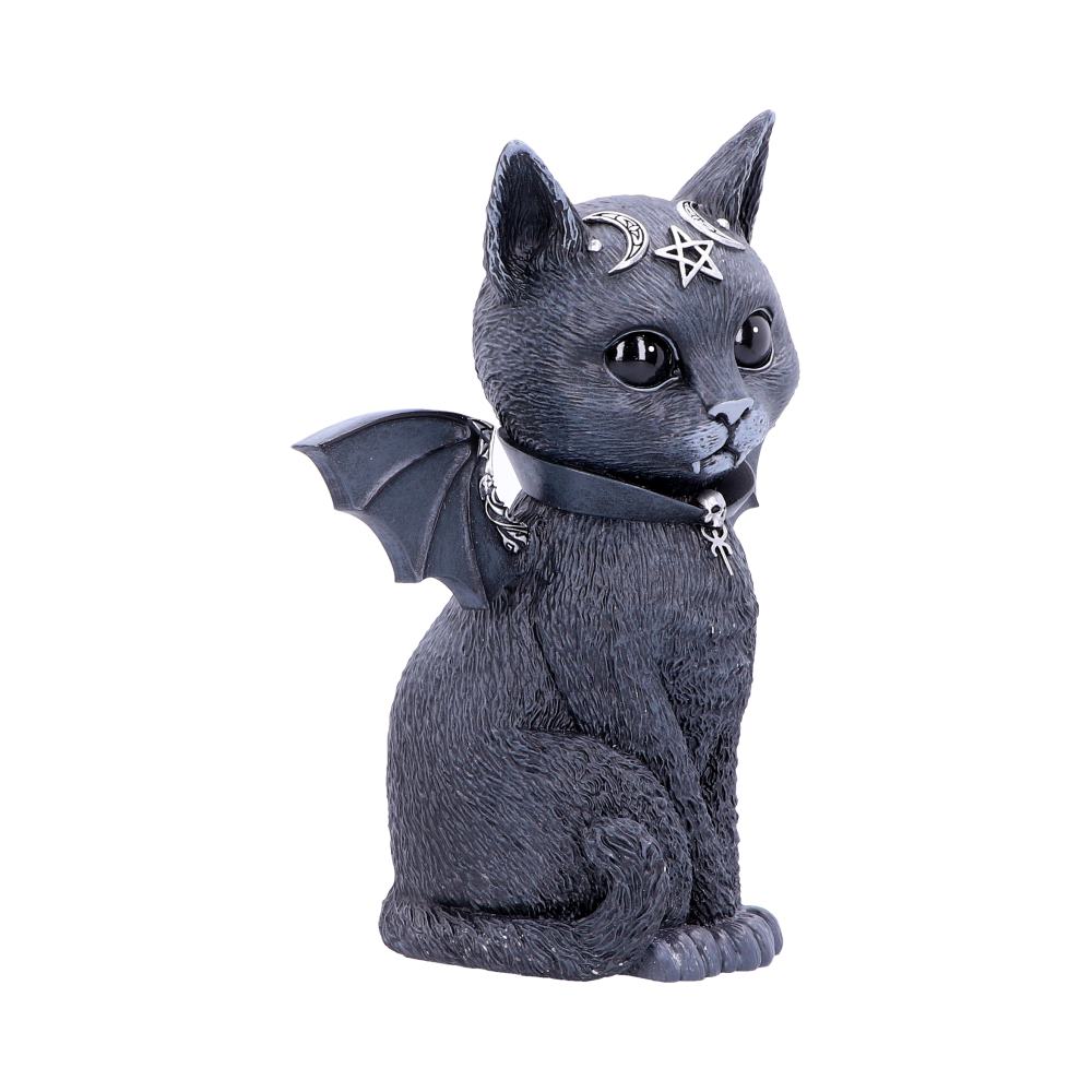 A black cat figurine sits adorned with a pentagram on its forehead and small bat wings on its back, against a plain white background.
