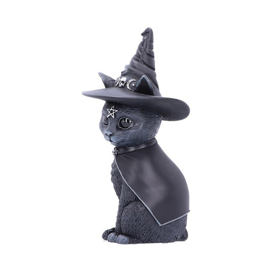 A black cat figurine wears a pointed witch hat adorned with moons and stars, sitting calmly with a star on its forehead, draped in a cape against a plain white background.