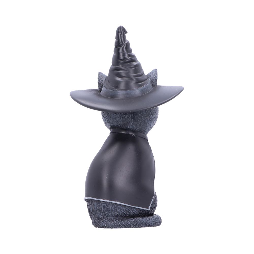 A small black cat figurine sits upright wearing a pointed witch hat and cape, against a white background.