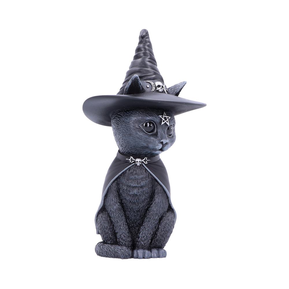 A black cat figurine wears a pointed witch hat adorned with a pentagram and skulls, and a cape. It sits against a plain white background.