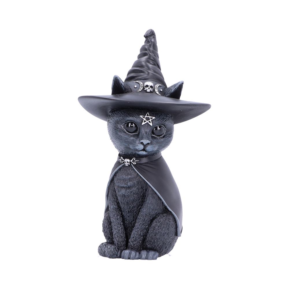 A black cat figurine is sitting, wearing a pointed witch hat and cape decorated with silver symbols, including a skull and pentagram, against a plain white background.