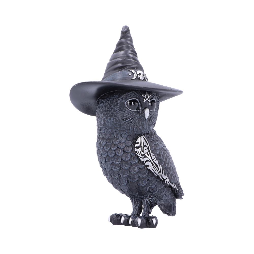 A black owl figurine wears a pointed witch hat adorned with a pentagram and moon phases, standing against a plain white background. It features intricate patterns on its wings.