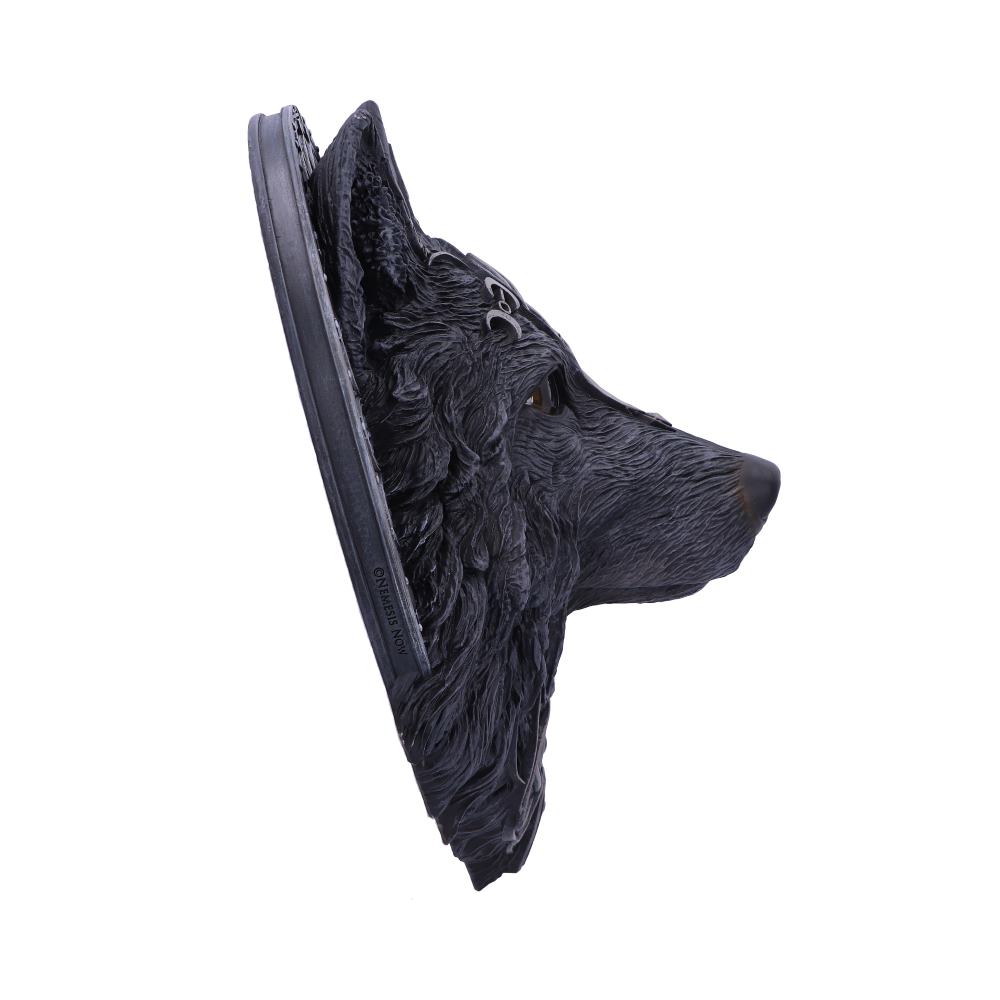 A side-profile wolf sculpture shows intricate fur detail. It is mounted on a flat base with a hook for hanging. Text on the base reads “© Nemesis Now.”