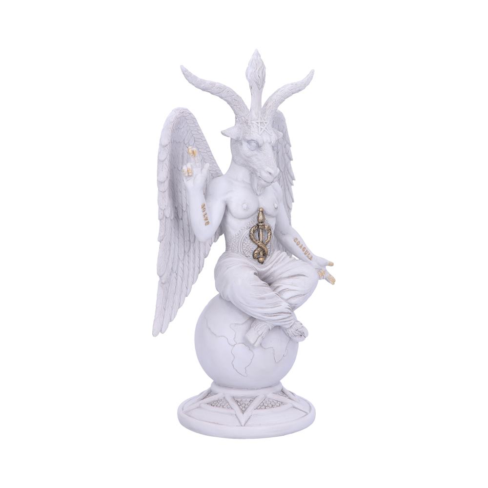 A white, winged Baphomet statue sits cross-legged atop a globe. The words "SOLVE" and "COAGULA" are written on its arms. The background is plain white.