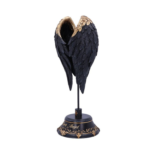 Black and gold angel wings are displayed on a black stand with a gold trim and a matching base with "Dark Angel" inscribed. The background is plain white.
