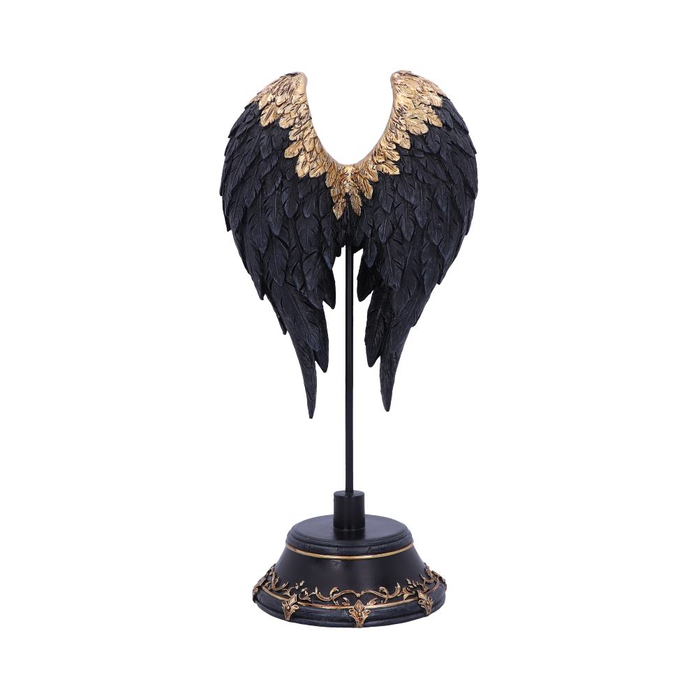 Black and gold feathered wings are mounted on a decorative black base with gold trim and are isolated against a plain white background.