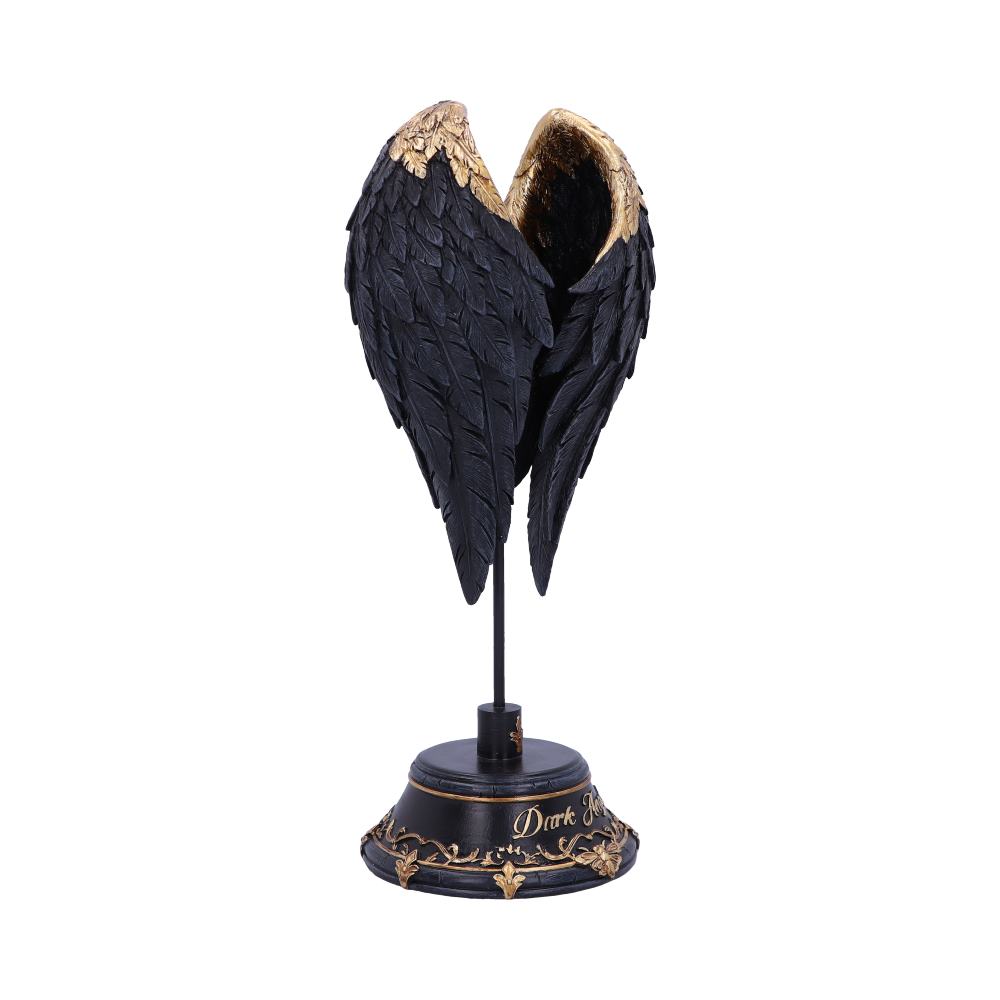 Sculpted dark, feathered wings are affixed to a black stand with "Dark" inscribed in gold lettering near the base, set against a white background.