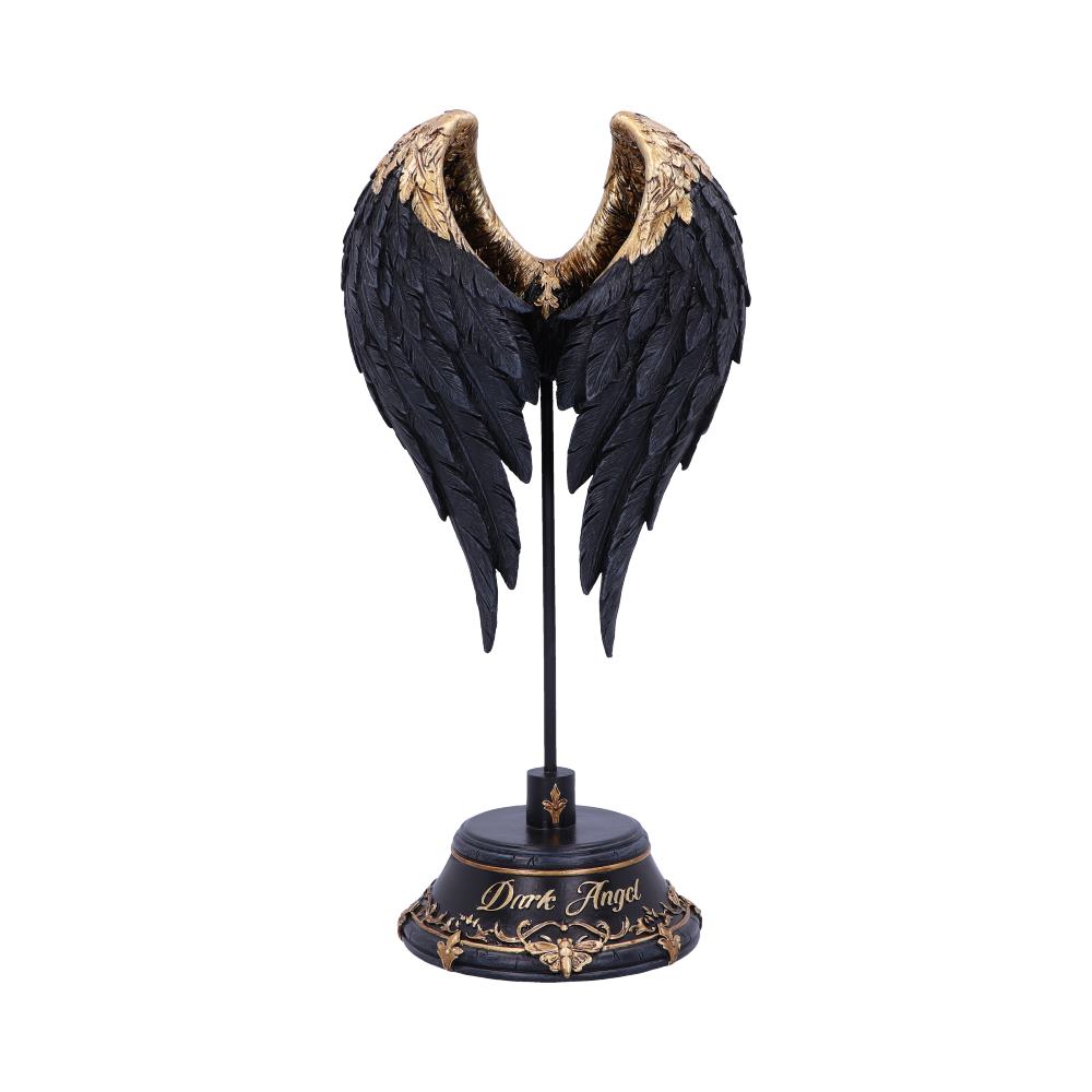 A Dark Angel statue shows feathery black and gold wings that are curved and connected to a black base via a vertical rod. "Dark Angel" is inscribed on the base.