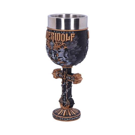 A decorative black and gold chalice with intricate engravings and chain details, featuring text: "THIS RELIGION" and "DEWOLF," stands against a plain white background.