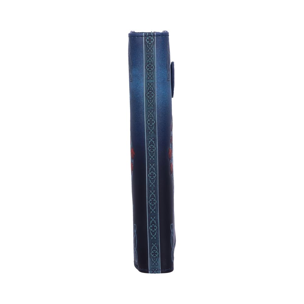 A dark blue wallet stands upright, displaying a vertical pattern. The design includes a repeating border and a faded ombre effect.