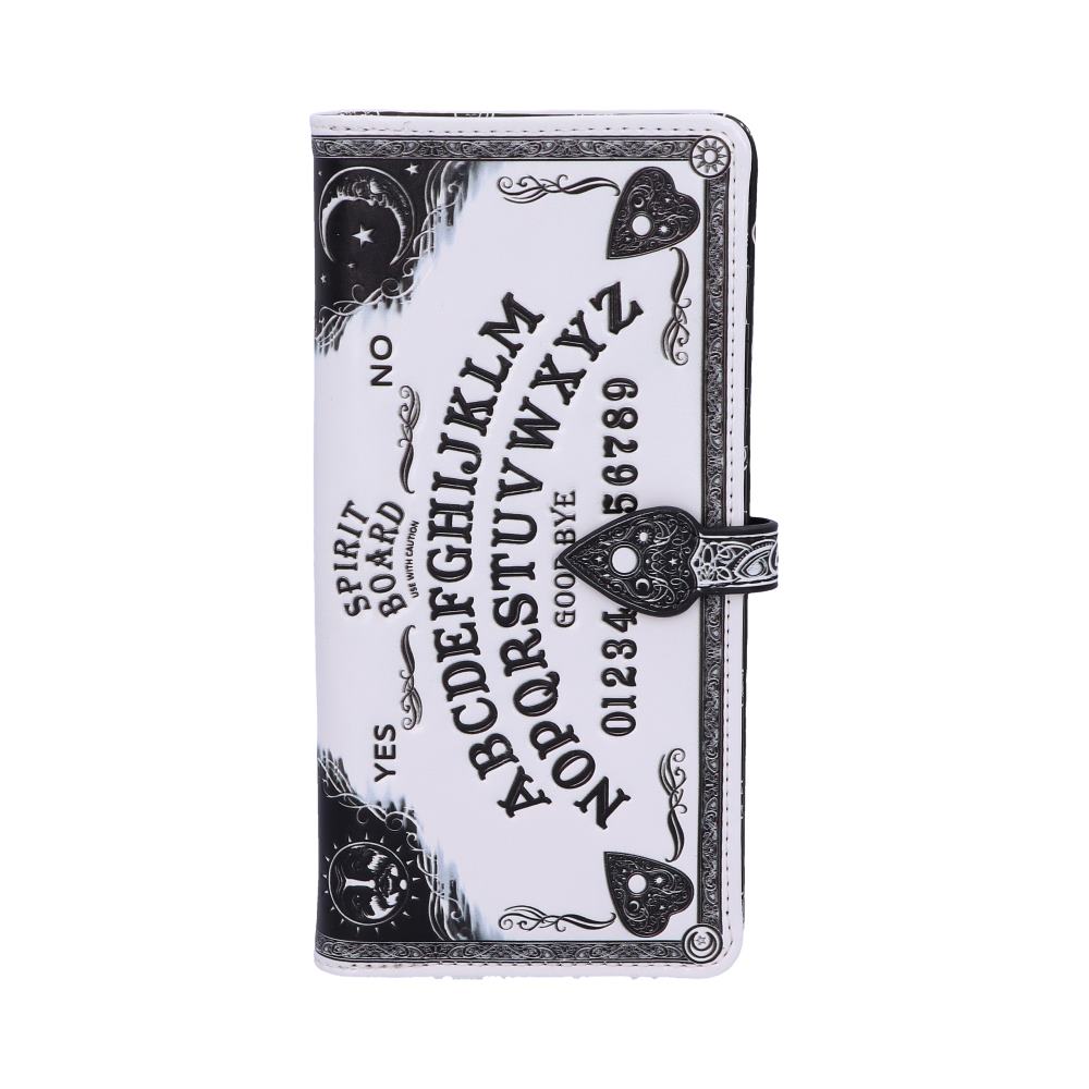 A white wallet, designed as a Ouija board, sits on a white background. The wallet features a black design of the alphabet, numbers, and words "YES," "NO," "GOODBYE," and "SPIRIT BOARD." USE WITH CAUTION is also printed in small text.