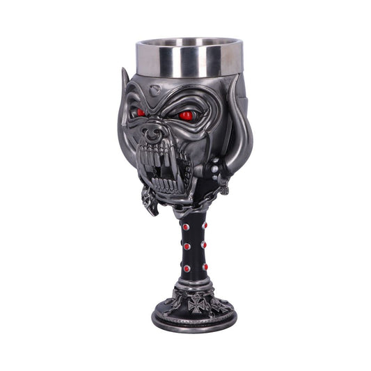A metallic goblet features a snarling, wolf-like face with red eyes as its bowl; it stands on a dark, embellished stem with red accents, against a plain background.