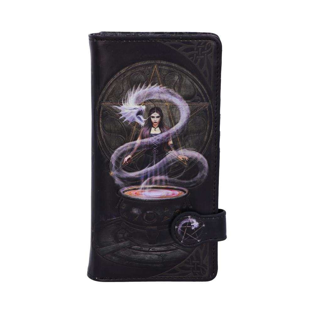 A wallet features a witch standing over a cauldron with swirling smoke and a dragon. A pentagram is displayed in the background, with intricate patterns around the edge.