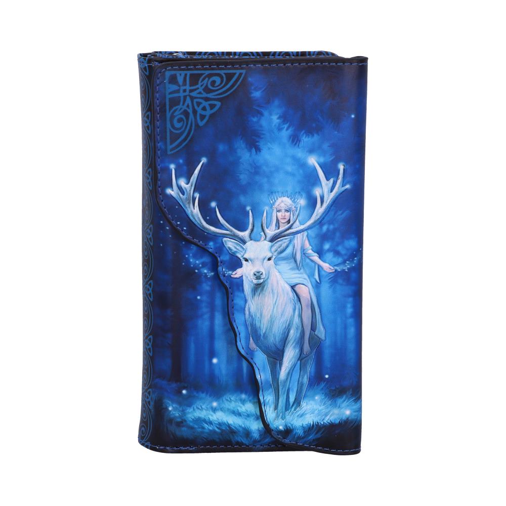 A wallet features an illustration of a woman in blue riding a white stag in a mystical forest setting, with decorative patterns on the border.