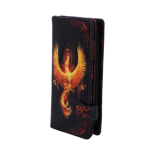 A black wallet features a vibrant phoenix and human figure design. The phoenix is depicted in fiery orange and yellow tones on the wallet's exterior, surrounded by intricate patterns.