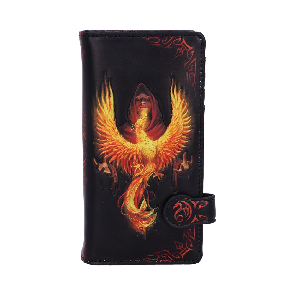 A leather wallet features a vibrant design of a glowing phoenix rising, with a hooded figure in the background. The dark exterior includes ornate red patterns, creating a mystical appearance.