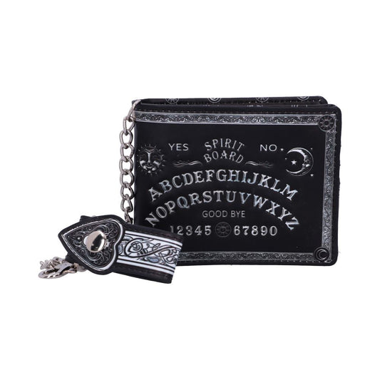 A black wallet, displaying a Ouija board design, rests on a white background; it is attached to a chain with a small, heart-shaped accessory.