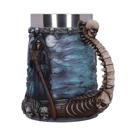 A stainless steel mug features the Grim Reaper holding a staff on a skull-laden boat sailing moonlit seas, with a spinal column forming the handle.